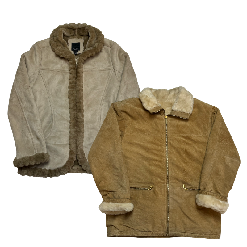 Set aus Wildlederjacken mit Schaffellfutter im Vintage-Stil, beige und kamelfarben