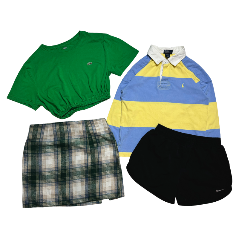 Women's set with Lacoste t-shirt, Nike shorts, tartan skirt and Ralph Laure rugby shirt