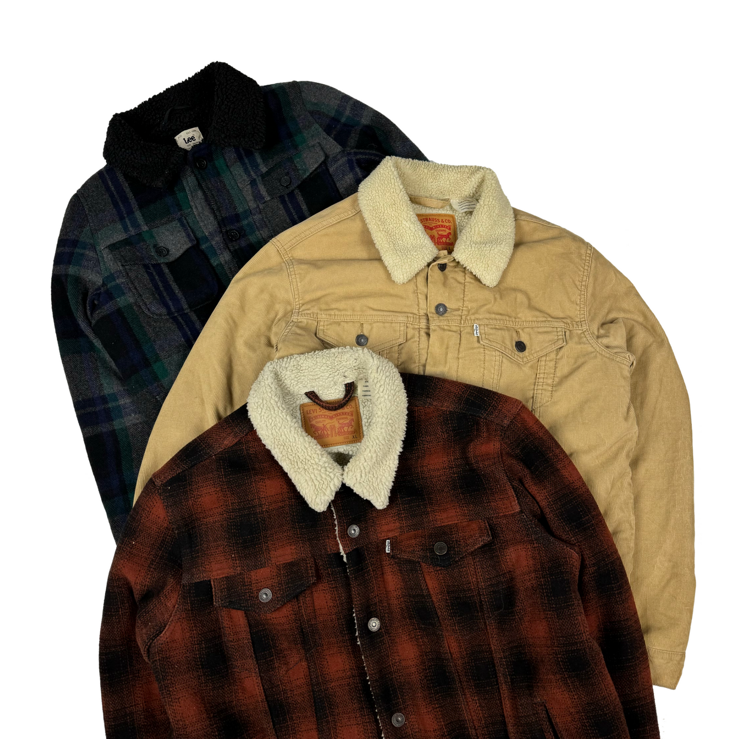 Lot von Vintage Levi's und Lee Sherpa-Jacken aus Velours und mit Karos