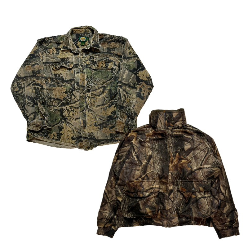 Military jacket and down jacket in vintage camouflage hunting style