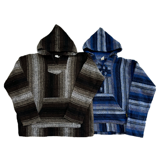 Set di poncho messicani vintage con cappuccio in cotone intrecciato