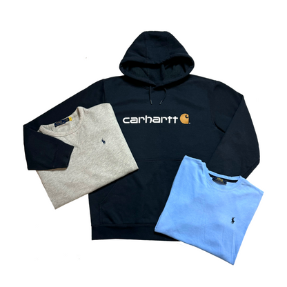 Felpa Ralph Lauren e felpa Carhartt premium con cappuccio su sfondo bianco