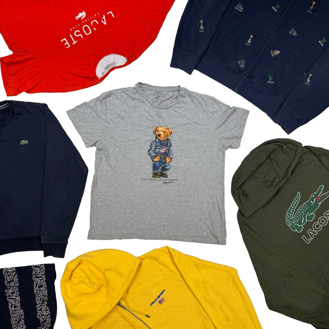Lotto premium con felpe e t-shirt Lacoste e Ralph Lauren, tra cui il famoso motivo Polo Bear