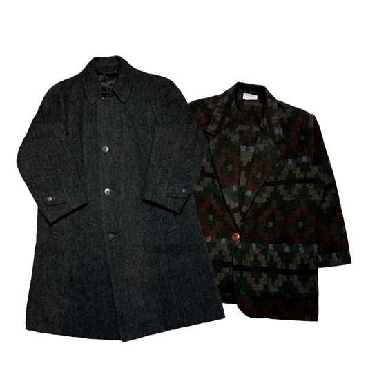 Set met lange jas van antracietgrijze wol en blazer met kleurrijke retroprint